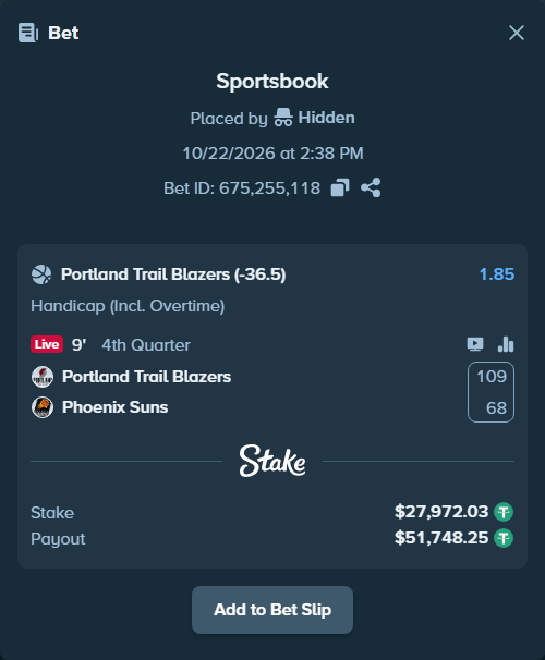 Bet slip: Portland Trail Blazers - Phoenix Suns, $28,000.00 stake at 1.85 odds, placed by Hidden