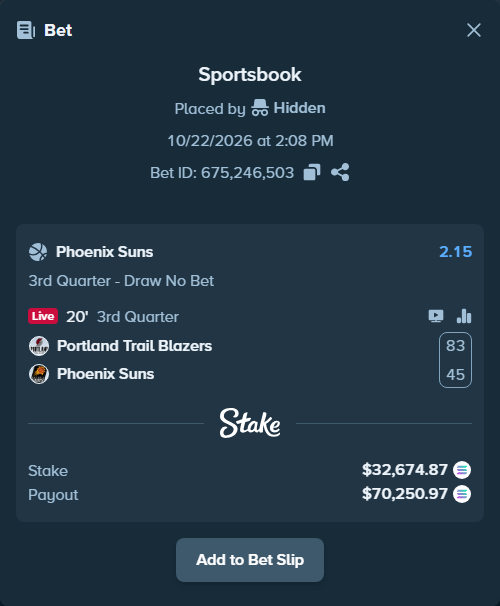 Bet slip: Portland Trail Blazers - Phoenix Suns, $32,755.23 stake at 2.15 odds, placed by Prettylfacko98
