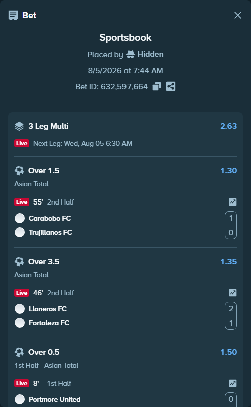 Bet slip: Portmore United - Salcedo FC, $34,784.72 stake at 1.50 odds, placed by Hidden