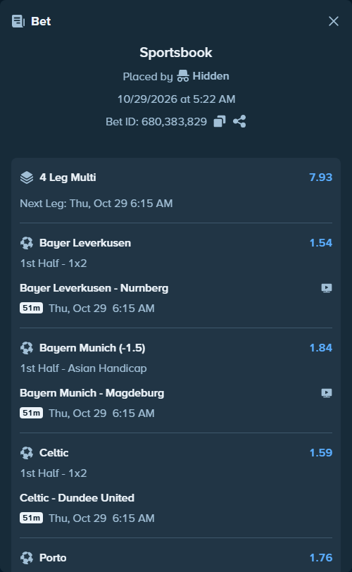 Bet slip: Porto - Academico de Viseu FC, $15,485.62 stake at 1.76 odds, placed by Hidden