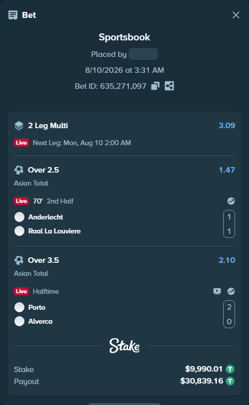 Bet slip: Porto - Alverca, $10,000.00 stake at 2.10 odds, placed by tlwns4736