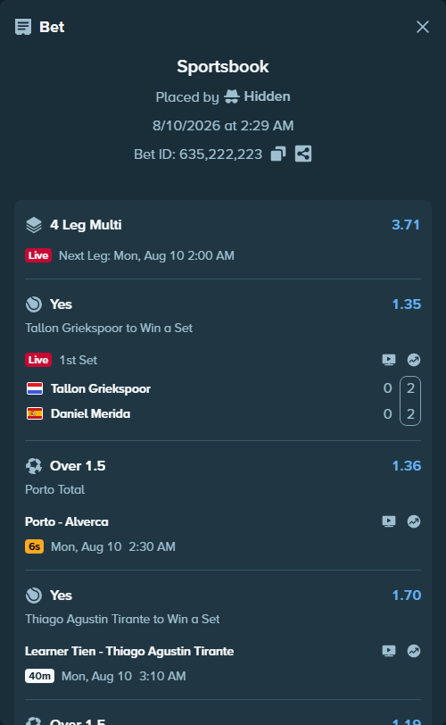 Bet slip: Porto - Alverca, $13,769.24 stake at 1.36 odds, placed by Hidden