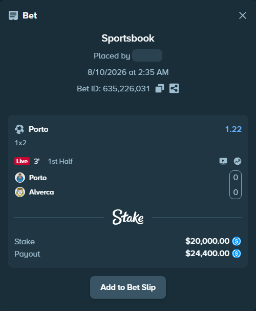 Bet slip: Porto - Alverca, $20,000.00 stake at 1.22 odds, placed by Neberay