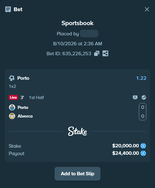 Bet slip: Porto - Alverca, $20,000.00 stake at 1.22 odds, placed by Neberay