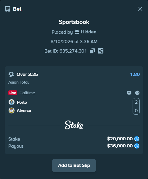 Bet slip: Porto - Alverca, $20,000.00 stake at 1.80 odds, placed by Hidden