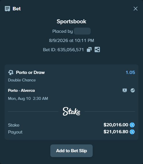 Bet slip: Porto - Alverca, $20,016.00 stake at 1.05 odds, placed by floutp451