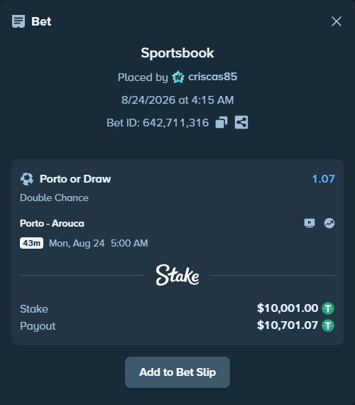 Bet slip: Porto - Arouca, $10,000.00 stake at 1.07 odds, placed by criscas85