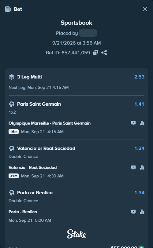 Bet slip: Porto - Benfica, $55,000.00 stake at 1.34 odds, placed by ashaark