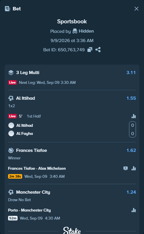 Bet slip: Porto - Manchester City, $10,000.00 stake at 1.24 odds, placed by Hidden