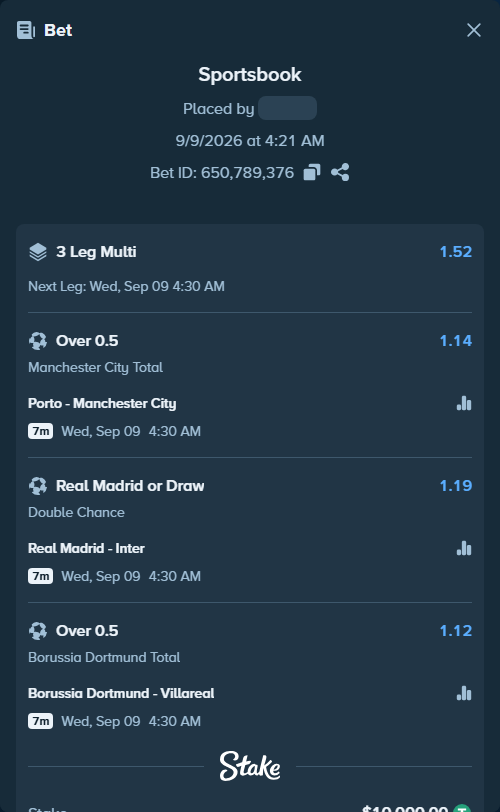 Bet slip: Porto - Manchester City, $10,000.00 stake at 1.14 odds, placed by RichHalif