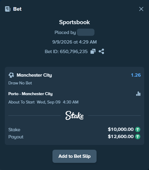 Bet slip: Porto - Manchester City, $10,000.00 stake at 1.26 odds, placed by Safesmsm