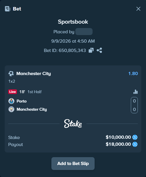 Bet slip: Porto - Manchester City, $10,000.00 stake at 1.80 odds, placed by Didrikv