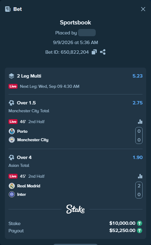 Bet slip: Porto - Manchester City, $10,000.00 stake at 2.75 odds, placed by Fushaj11