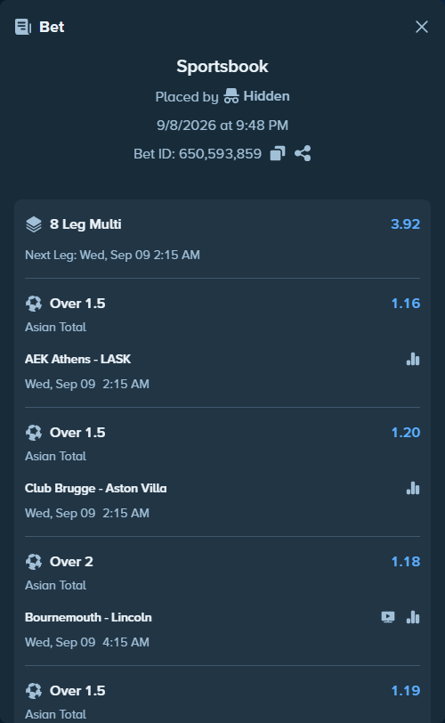 Bet slip: Porto - Manchester City, $10,300.00 stake at 1.20 odds, placed by Hidden