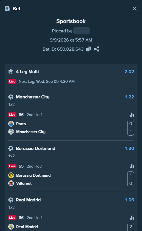 Bet slip: Porto - Manchester City, $130,948.00 stake at 1.22 odds, placed by DooDLeZ1love