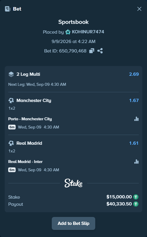 Bet slip: Porto - Manchester City, $15,000.00 stake at 1.67 odds, placed by KOHINUR7474