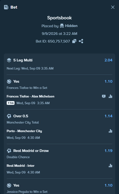 Bet slip: Porto - Manchester City, $59,253.00 stake at 1.14 odds, placed by Hidden