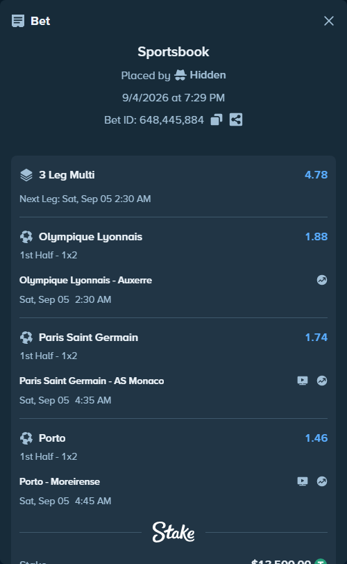 Bet slip: Porto - Moreirense, $13,500.00 stake at 1.46 odds, placed by Hidden