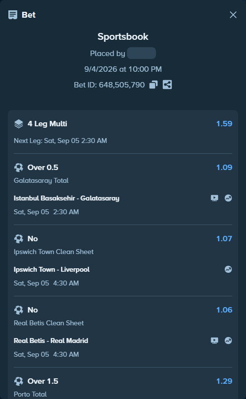 Bet slip: Porto - Moreirense, $19,000.00 stake at 1.29 odds, placed by Thenewdon16