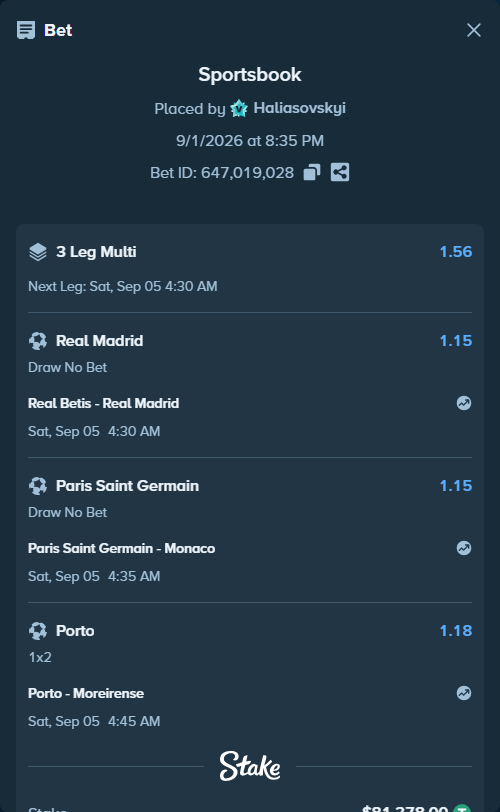 Bet slip: Porto - Moreirense, $81,378.00 stake at 1.18 odds, placed by Haliasovskyi