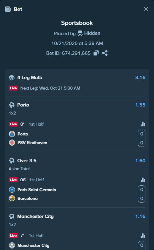 Bet slip: Porto - PSV Eindhoven, $10,000.00 stake at 1.55 odds, placed by Agus1033