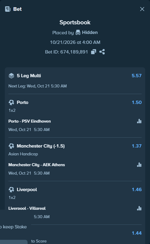 Bet slip: Porto - PSV Eindhoven, $10,059.17 stake at 1.50 odds, placed by MrDivinity