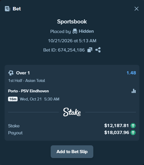 Bet slip: Porto - PSV Eindhoven, $12,200.00 stake at 1.48 odds, placed by mrnIRL