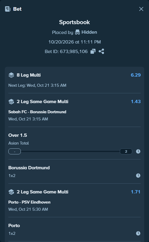 Bet slip: Porto - PSV Eindhoven, $20,020.00 stake at 1.52 odds, placed by TonyJaaVIP
