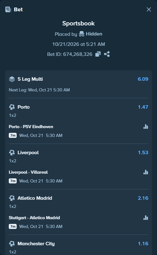 Bet slip: Porto - PSV Eindhoven, $22,000.00 stake at 1.47 odds, placed by Hidden