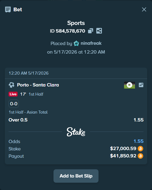 Bet slip: Porto - Santa Clara, $22,218.18 stake at 1.55 odds, placed by ninafreak