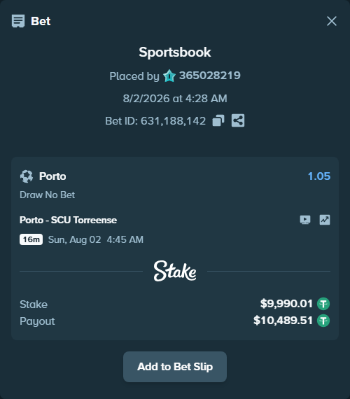 Bet slip: Porto - SCU Torreense, $10,000.00 stake at 1.05 odds, placed by 365028219