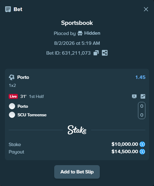 Bet slip: Porto - SCU Torreense, $10,000.00 stake at 1.45 odds, placed by Hidden
