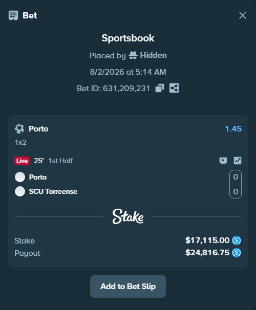 Bet slip: Porto - SCU Torreense, $17,115.00 stake at 1.45 odds, placed by Hidden