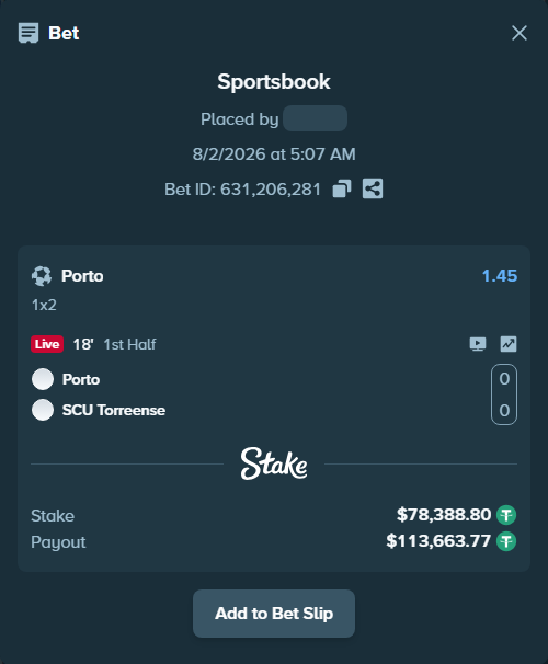 Bet slip: Porto - SCU Torreense, $78,467.19 stake at 1.45 odds, placed by ayoflasher