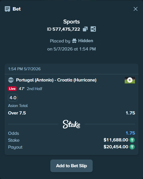 Bet slip: Portugal (Antonio) - Croatia (Hurricane), $11,688.00 stake at 1.75 odds, placed by Hidden