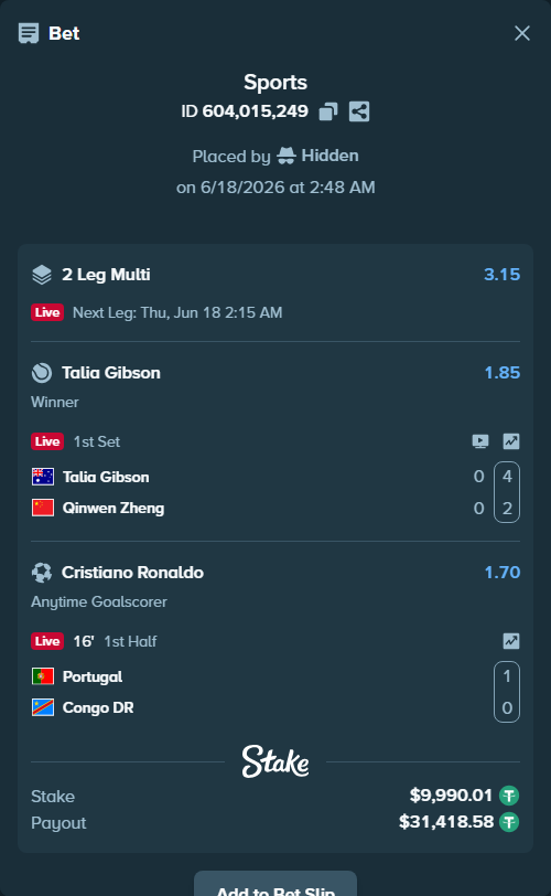 Bet slip: Portugal - Congo DR, $10,000.00 stake at 1.70 odds, placed by Hidden