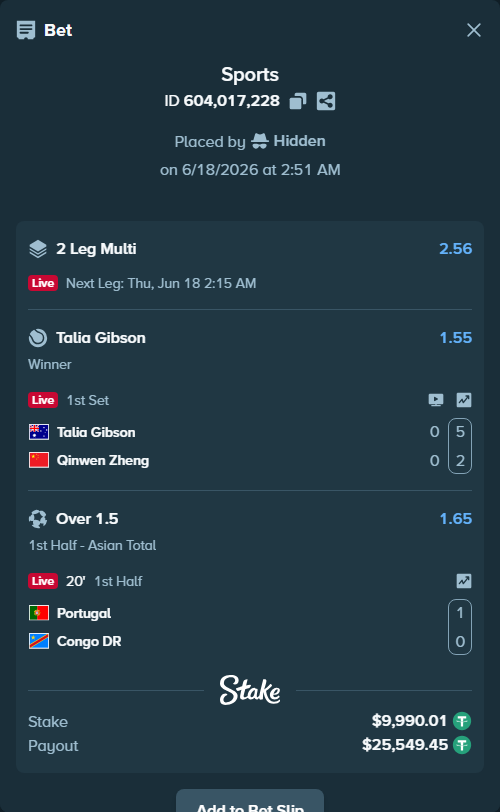 Bet slip: Portugal - Congo DR, $10,000.00 stake at 1.65 odds, placed by Hidden