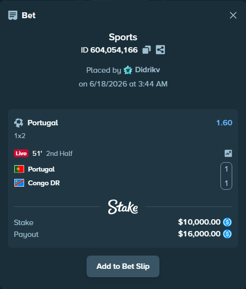 Bet slip: Portugal - Congo DR, $10,000.00 stake at 1.60 odds, placed by Didrikv