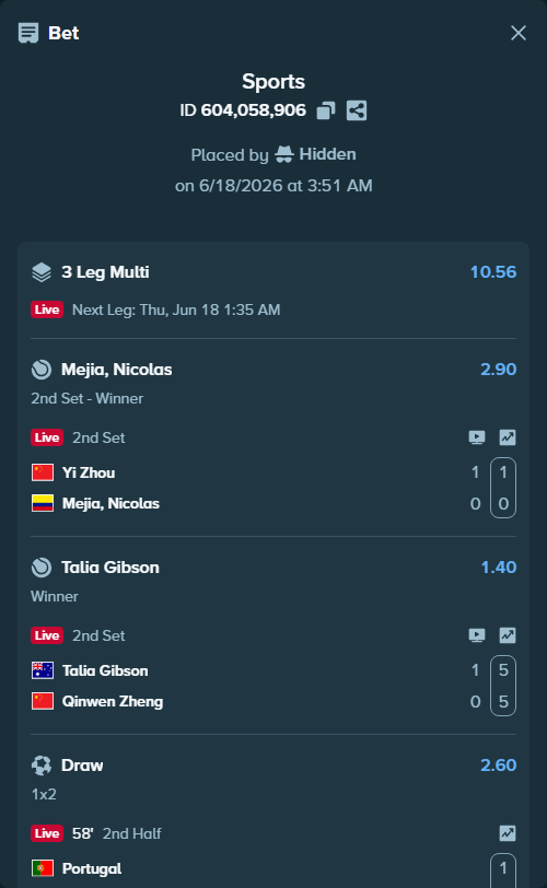 Bet slip: Portugal - Congo DR, $10,000.00 stake at 2.60 odds, placed by Hidden