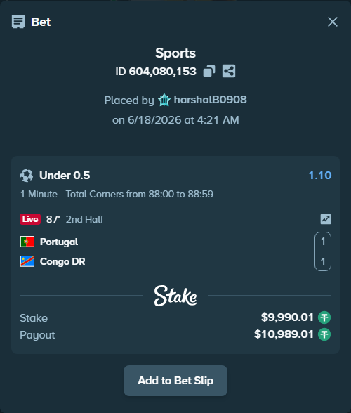 Bet slip: Portugal - Congo DR, $10,000.00 stake at 1.10 odds, placed by harshalB0908