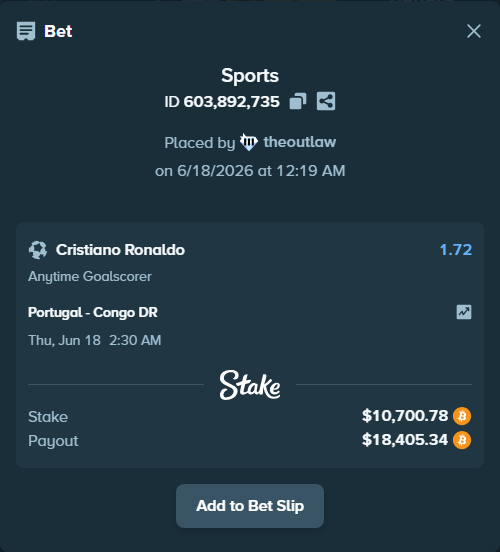 Bet slip: Portugal - Congo DR, $10,129.26 stake at 1.72 odds, placed by theoutlaw
