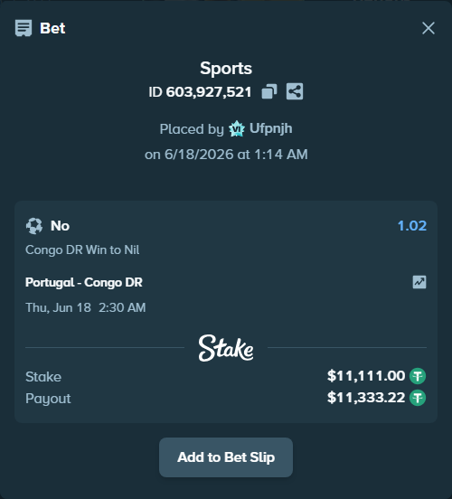 Bet slip: Portugal - Congo DR, $11,122.11 stake at 1.02 odds, placed by Ufpnjh