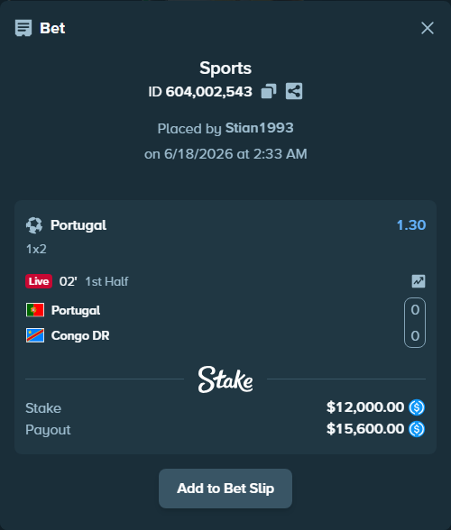 Bet slip: Portugal - Congo DR, $12,000.00 stake at 1.30 odds, placed by Stian1993