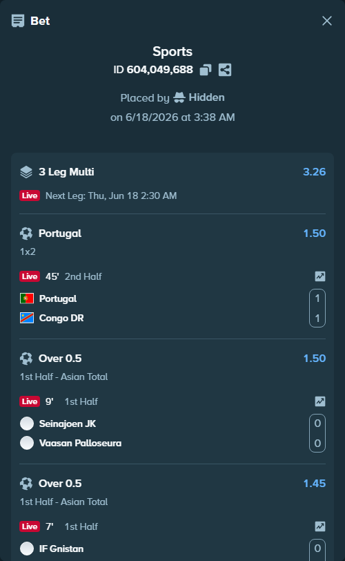 Bet slip: Portugal - Congo DR, $12,012.00 stake at 1.50 odds, placed by Hidden