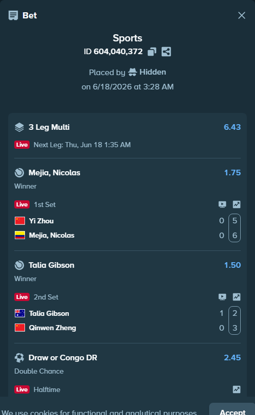 Bet slip: Portugal - Congo DR, $12,823.00 stake at 2.45 odds, placed by Hidden