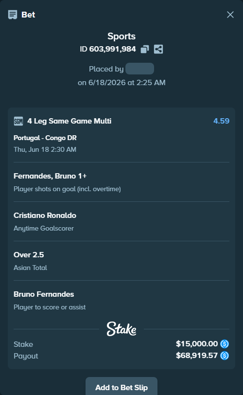 Bet slip: Portugal - Congo DR, $15,000.00 stake at 1.43 odds, placed by Cabrzy