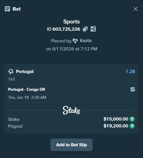 Bet slip: Portugal - Congo DR, $15,015.00 stake at 1.28 odds, placed by Kazlic