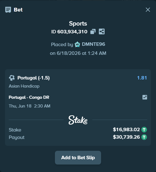 Bet slip: Portugal - Congo DR, $17,000.00 stake at 1.81 odds, placed by DMNTE96