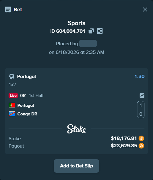 Bet slip: Portugal - Congo DR, $17,748.53 stake at 1.30 odds, placed by Vicceforb