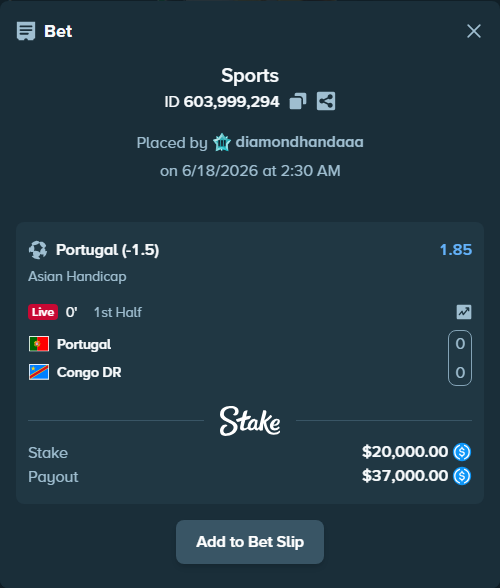 Bet slip: Portugal - Congo DR, $20,000.00 stake at 1.85 odds, placed by diamondhandaaa
